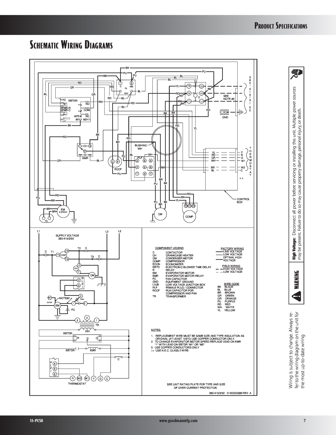 Goodman Mfg PC50 specifications Product Specifications, Schematic Wiring Diagrams 