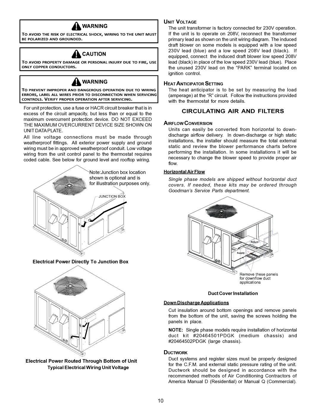 Goodman Mfg PG 15 Circulating AIR and Filters, Horizontal Air Flow, Duct Cover Installation Down Discharge Applications 