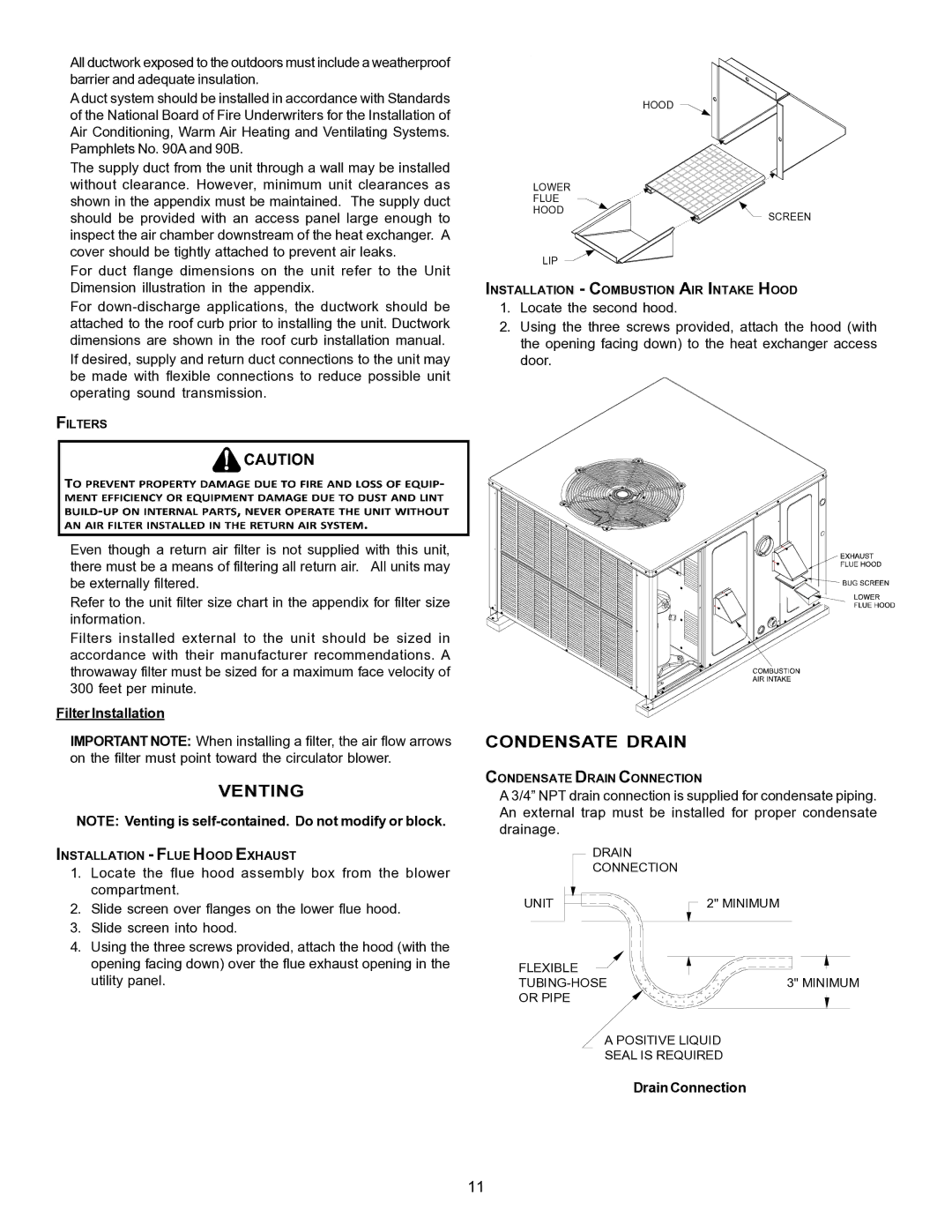 Goodman Mfg PG 15 specifications Venting, Condensate Drain, Filter Installation, Drain Connection 