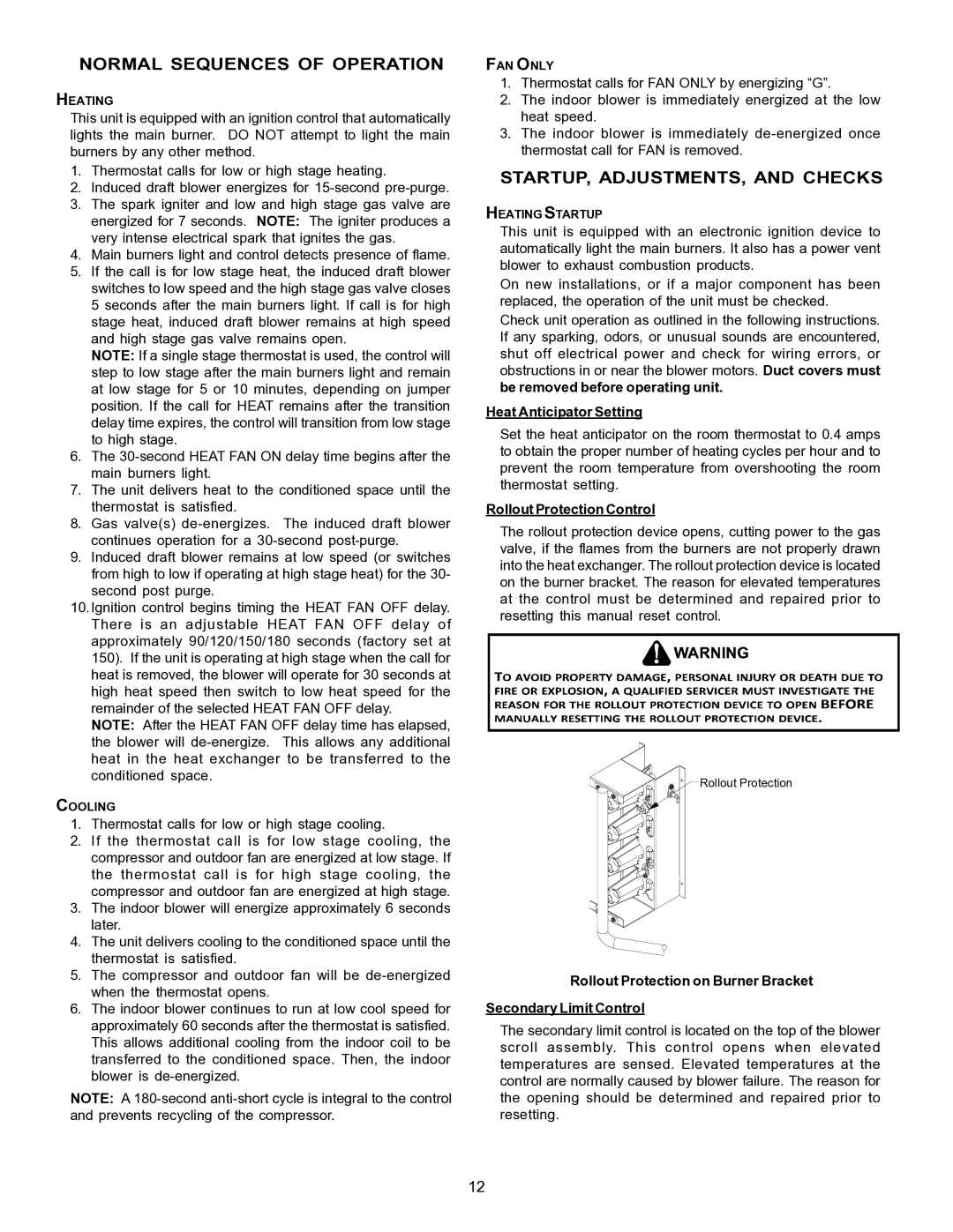 Goodman Mfg PG 15 specifications Normal Sequences of Operation, STARTUP, ADJUSTMENTS, and Checks, Heat Anticipator Setting 