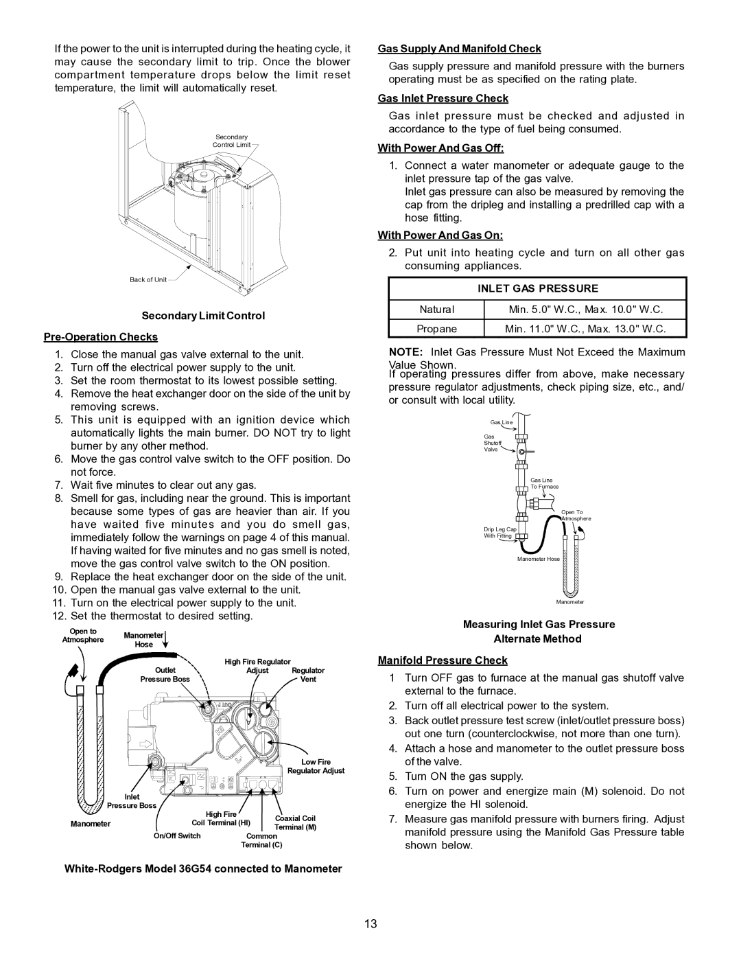 Goodman Mfg PG 15 Secondary Limit Control Pre-Operation Checks, Gas Supply And Manifold Check, Gas Inlet Pressure Check 