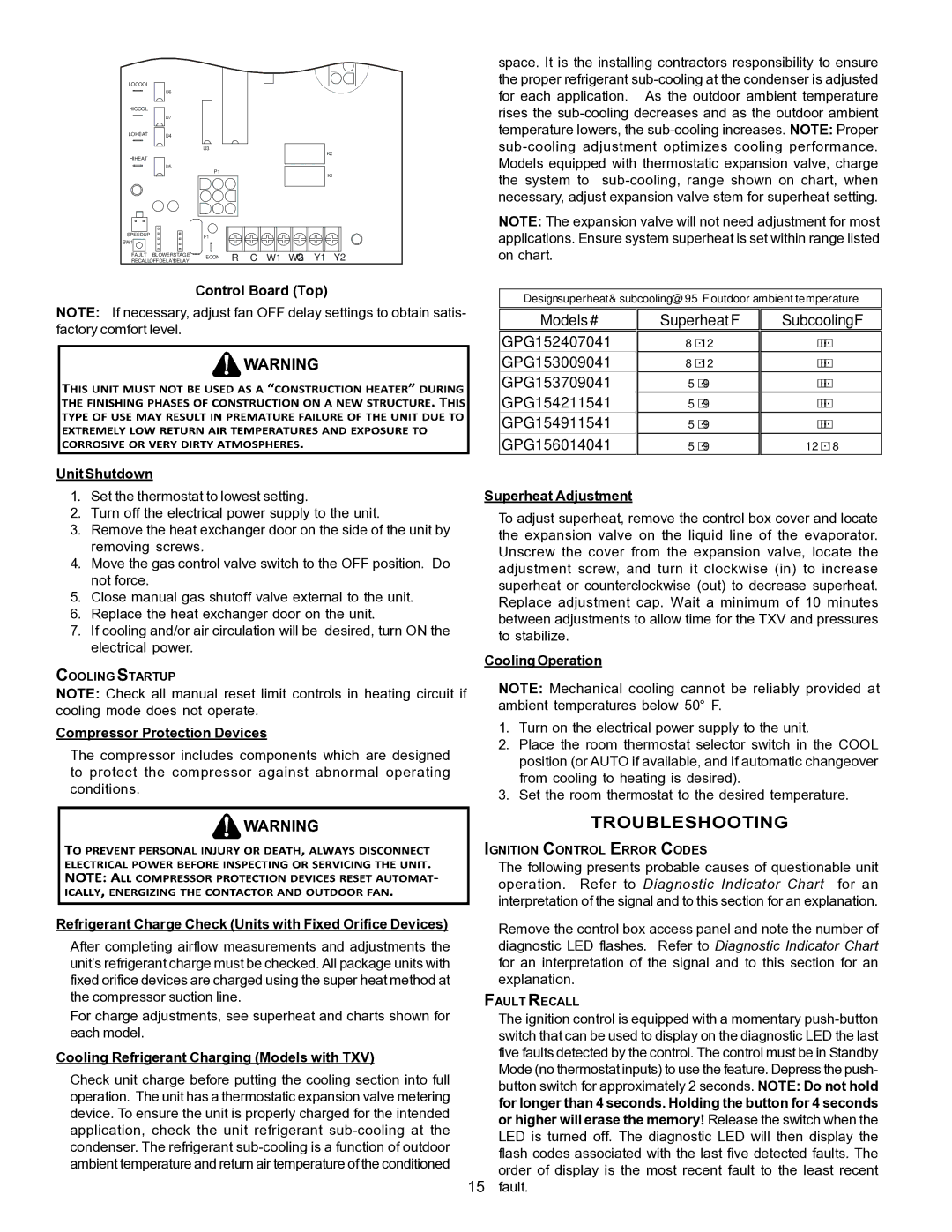 Goodman Mfg PG 15 specifications Troubleshooting 