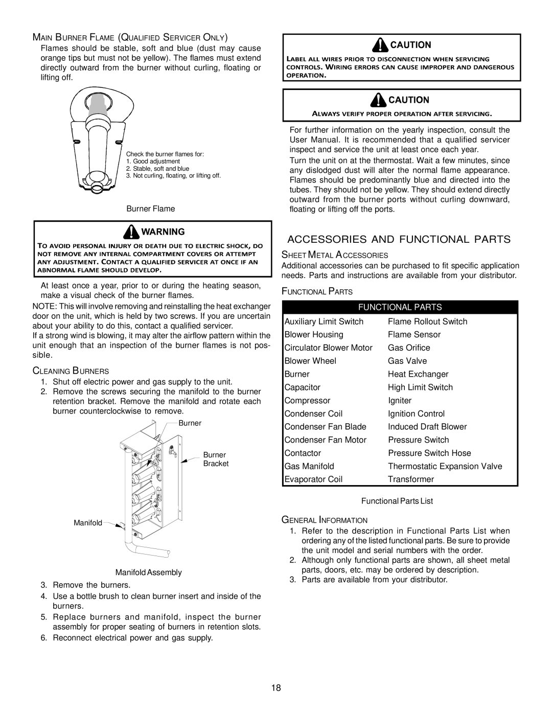 Goodman Mfg PG 15 specifications Accessories and Functional Parts, Burner Flame, Manifold Assembly, Functional Parts List 