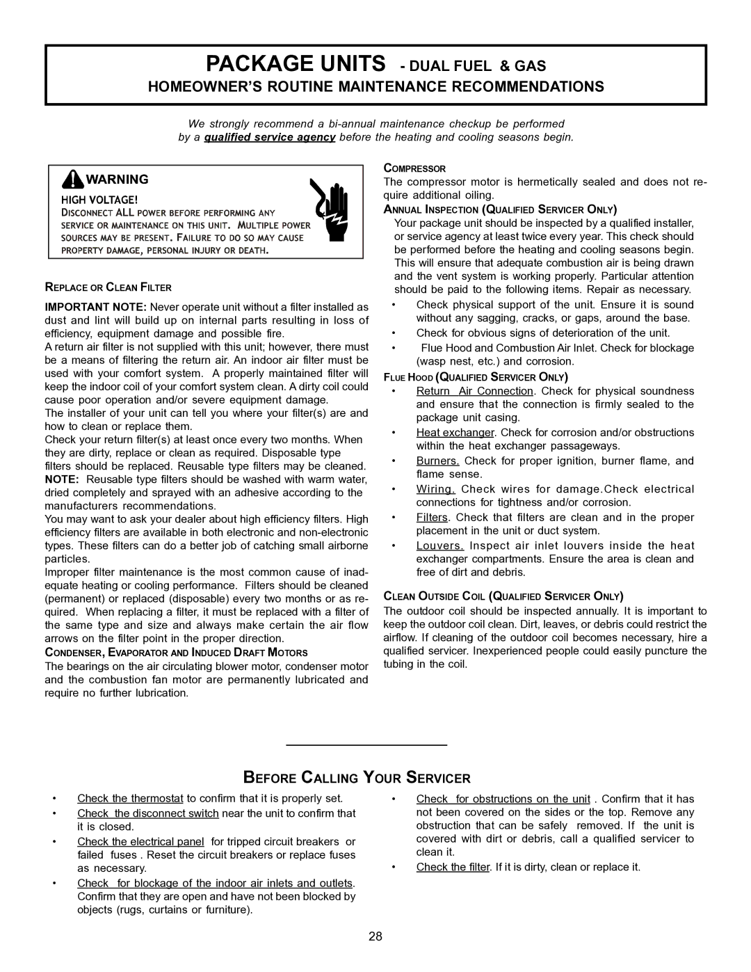 Goodman Mfg PG 15 specifications Before Calling Your Servicer 