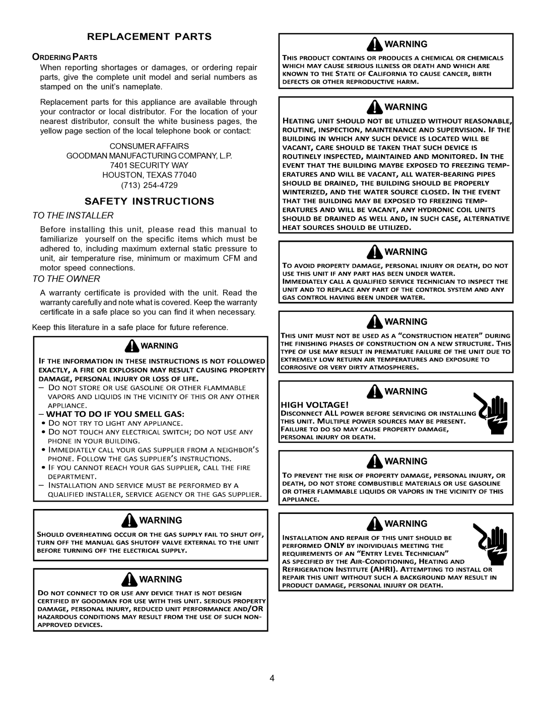 Goodman Mfg PG 15 specifications Replacement Parts, Safety Instructions 