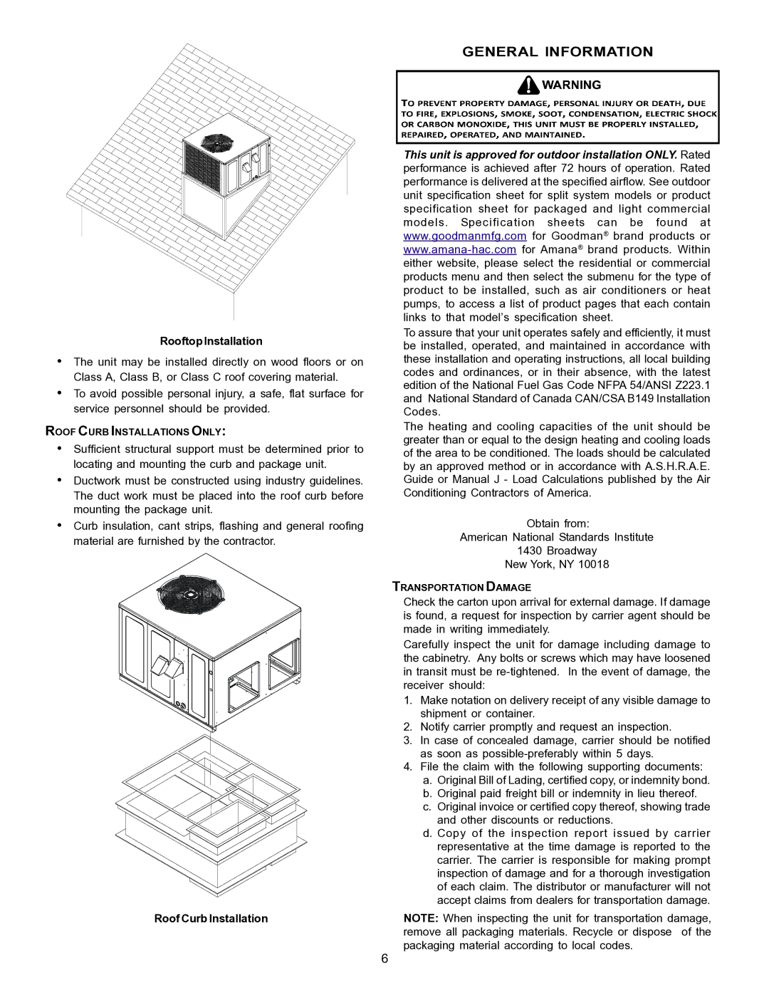 Goodman Mfg PG 15 specifications Rooftop Installation, Roof Curb Installation 