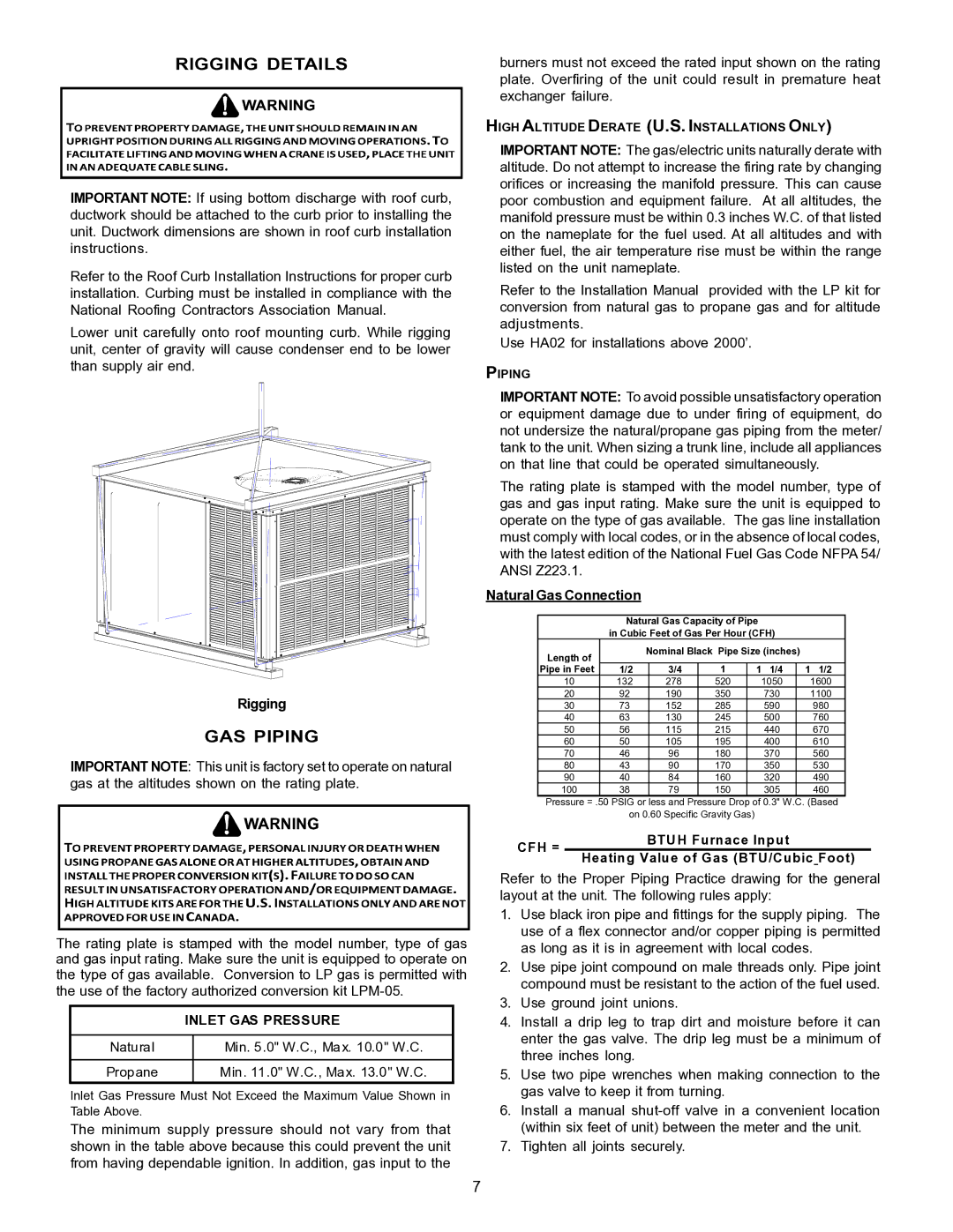 Goodman Mfg PG 15 specifications Rigging Details, GAS Piping, Natural Gas Connection 