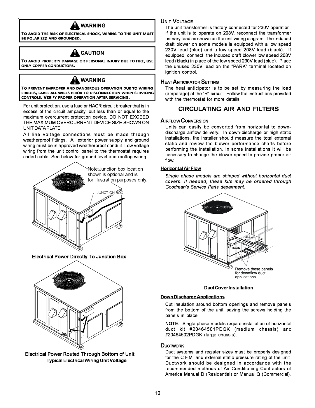 Goodman Mfg PG 15 specifications Electrical Power Directly To Junction Box, Electrical Power Routed Through Bottom of Unit 