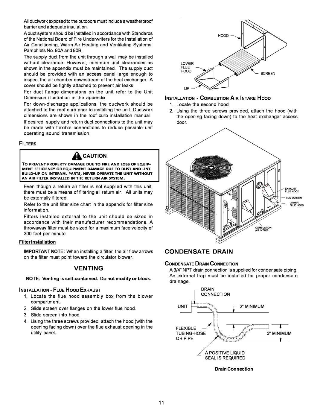 Goodman Mfg PG 15 specifications Venting, Condensate Drain, Filter Installation, Drain Connection 