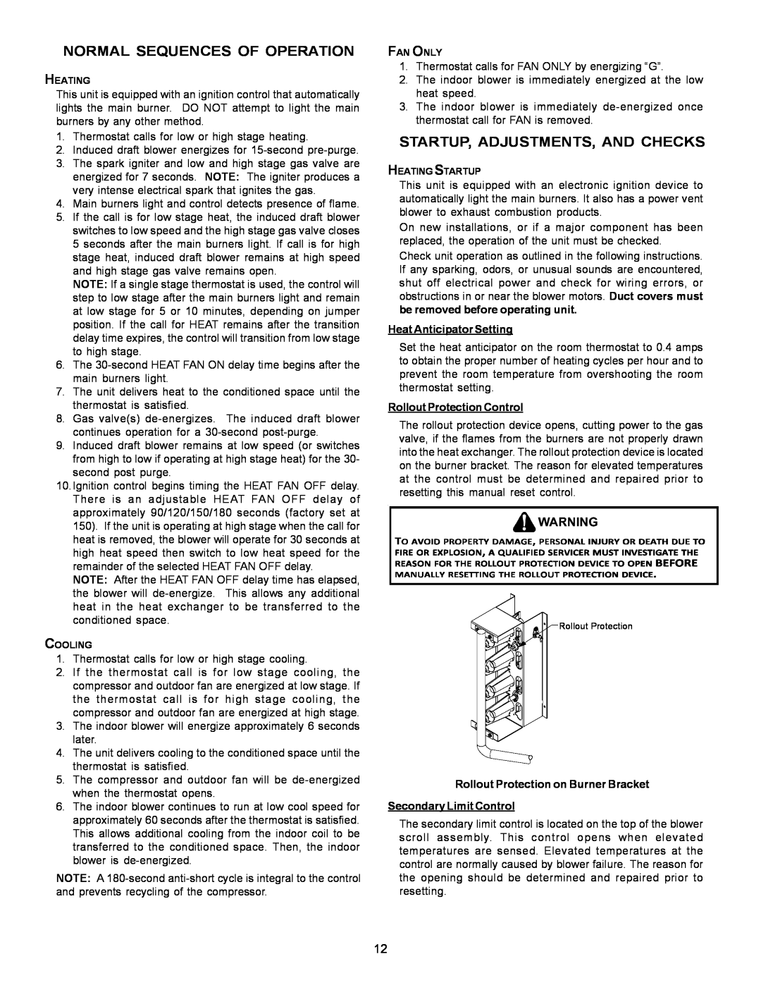 Goodman Mfg PG 15 specifications Normal Sequences Of Operation, Startup, Adjustments, And Checks, Heat Anticipator Setting 