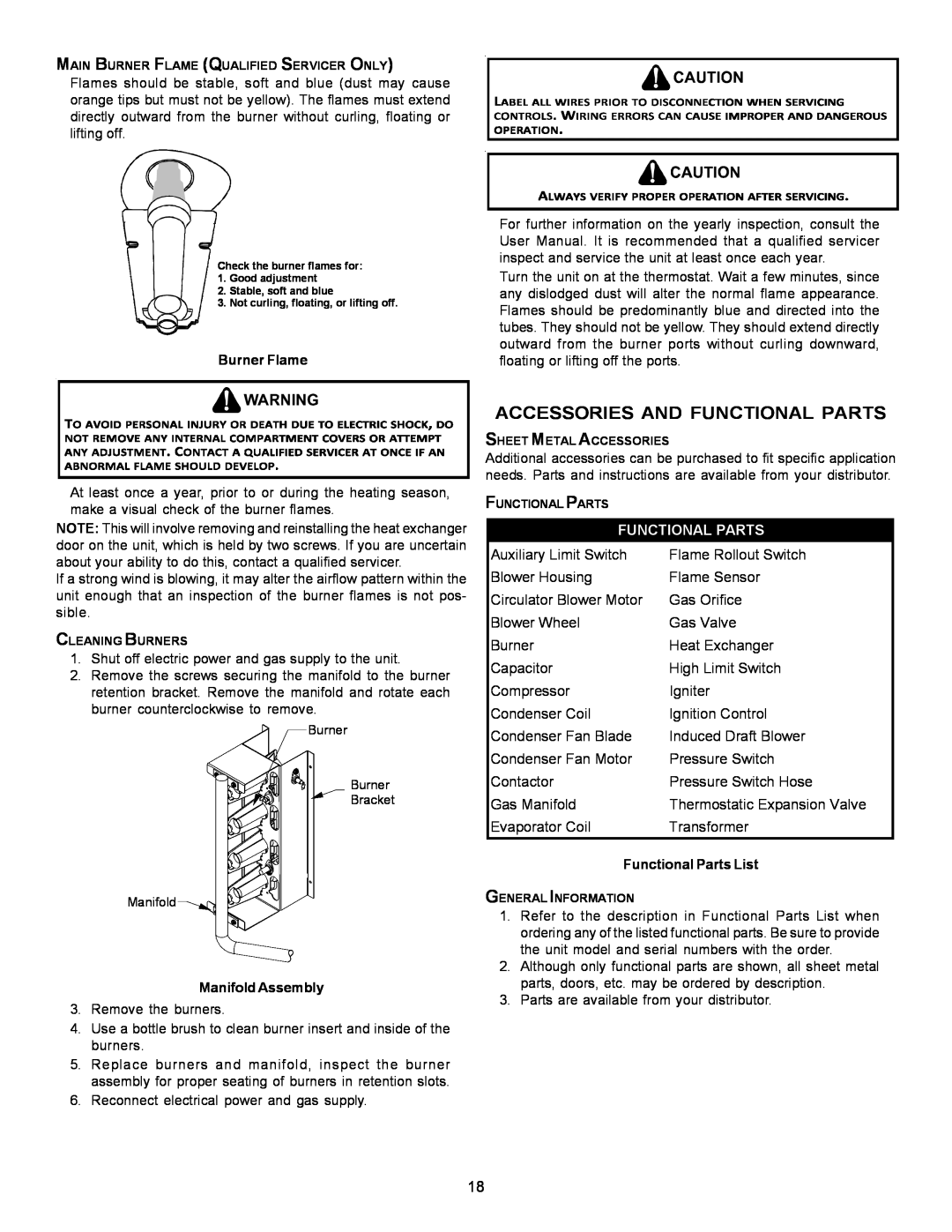 Goodman Mfg PG 15 specifications Accessories And Functional Parts, Burner Flame, Manifold Assembly, Functional Parts List 