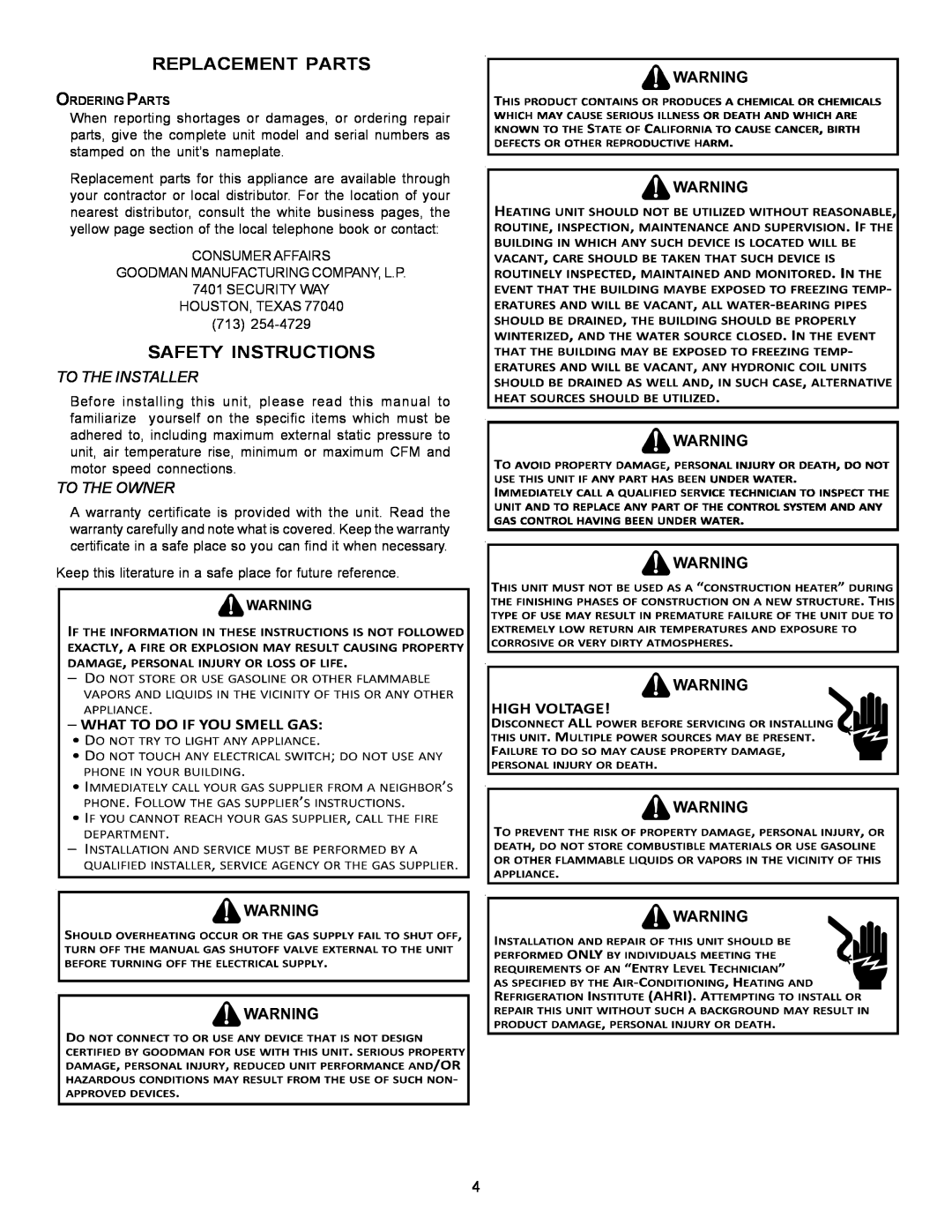 Goodman Mfg PG 15 specifications Replacement Parts, Safety Instructions, To The Installer, To The Owner 