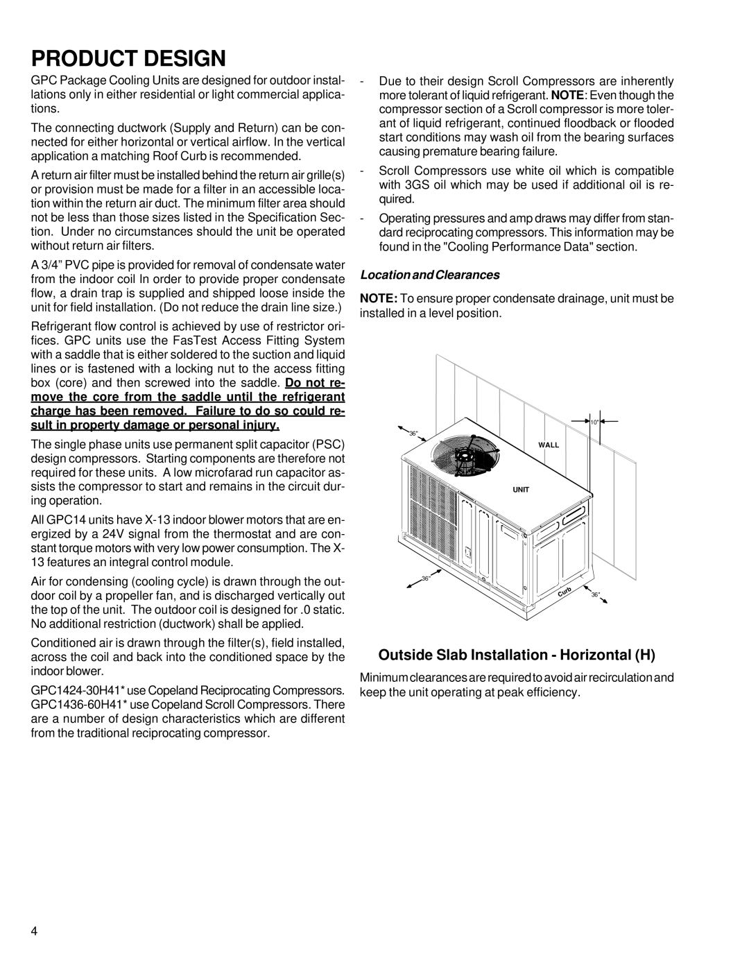 Goodman Mfg R-410A service manual Product Design, Outside Slab Installation Horizontal H 