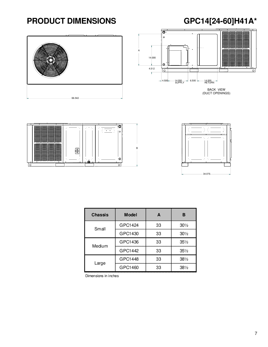 Goodman Mfg R-410A service manual Product Dimensions, GPC1424-60H41A 