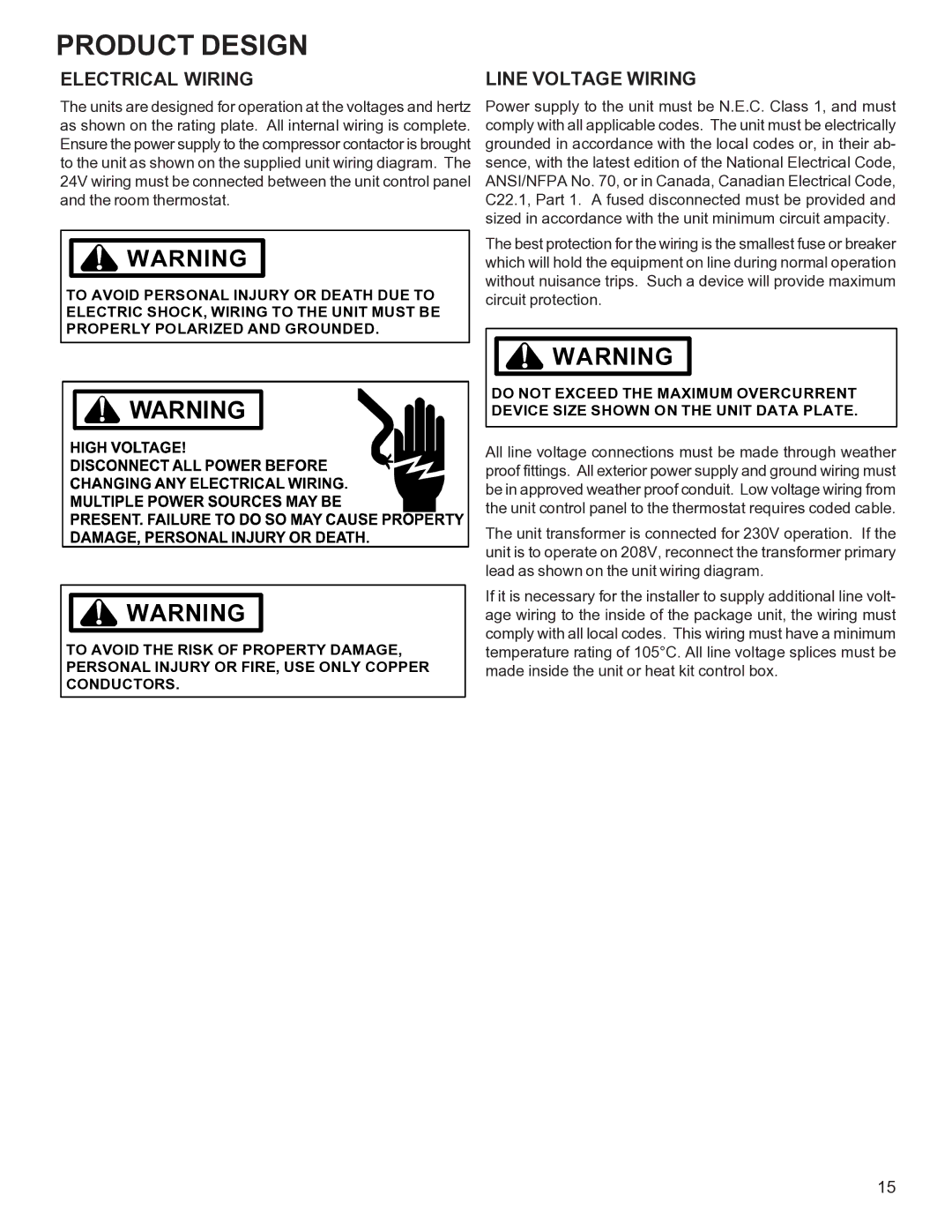 Goodman Mfg R-410A manual Electrical Wiring, Line Voltage Wiring 