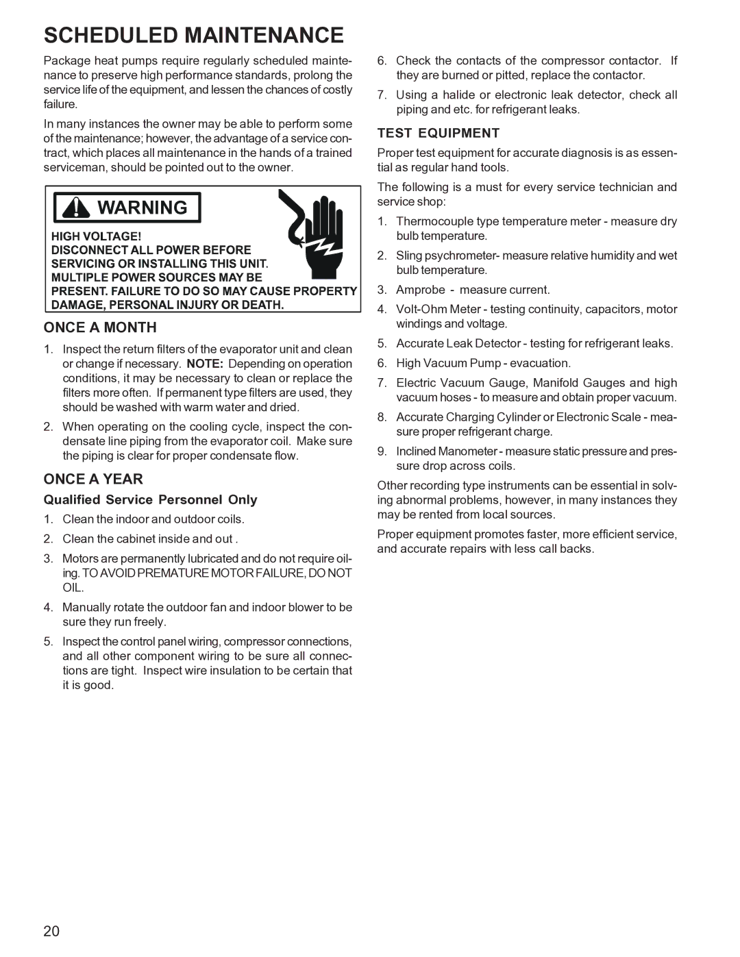 Goodman Mfg R-410A manual Scheduled Maintenance, Once a Month, Once a Year 