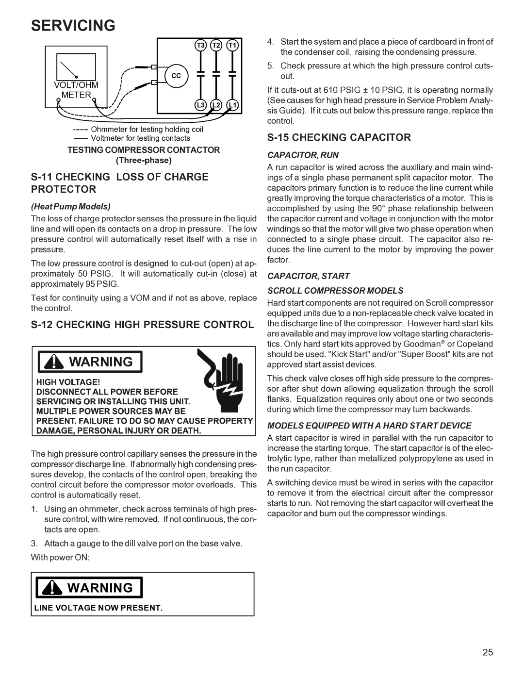 Goodman Mfg R-410A manual Checking Loss of Charge Protector, Checking High Pressure Control, Checking Capacitor 