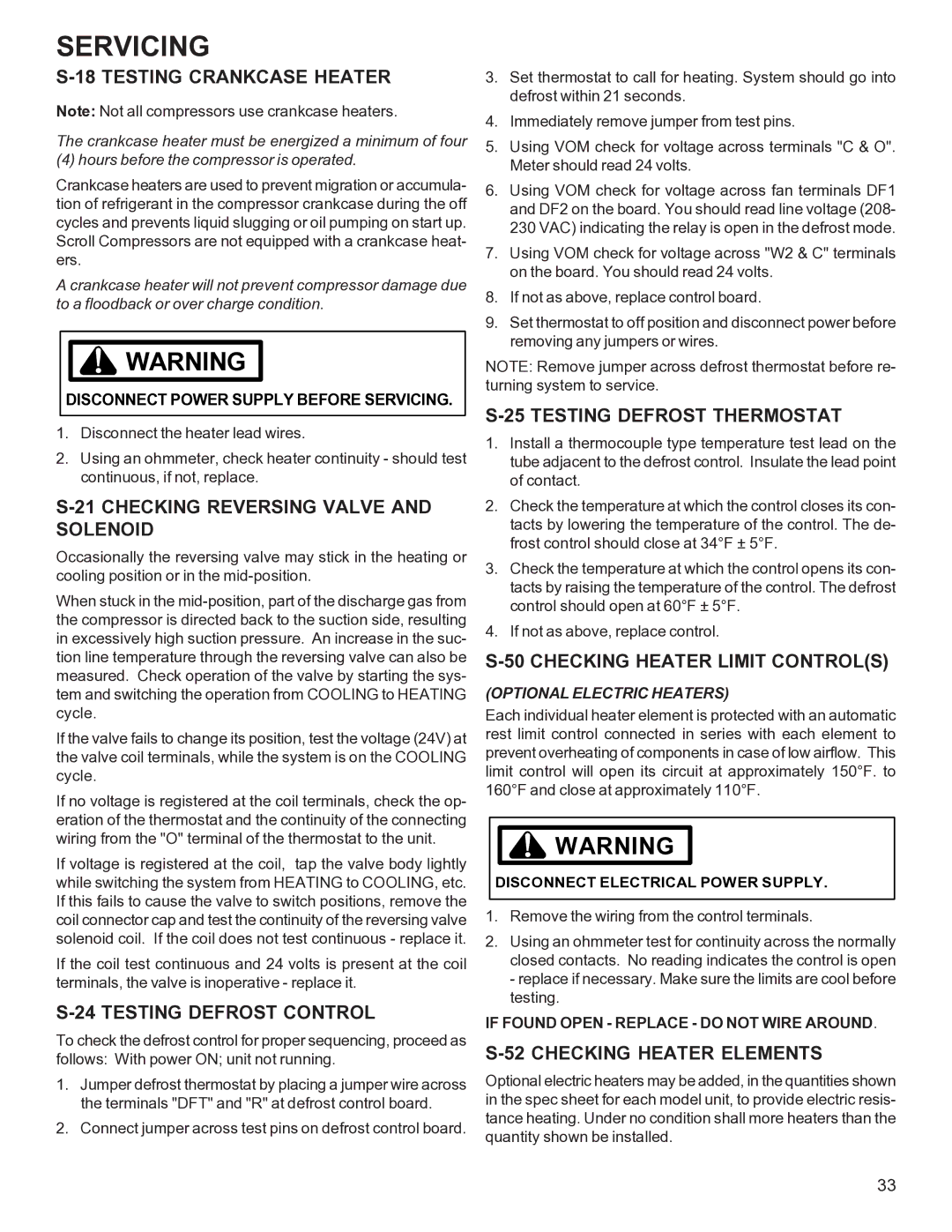 Goodman Mfg R-410A manual Testing Crankcase Heater, Checking Reversing Valve and Solenoid, Testing Defrost Control 