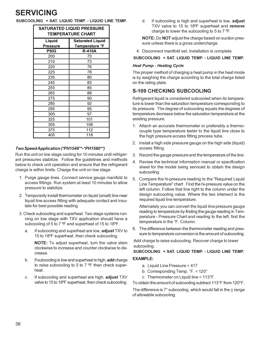 Goodman Mfg R-410A manual Checking Subcooling, Two Speed Application *PH1548**-*PH1560, Heat Pump Heating Cycle 