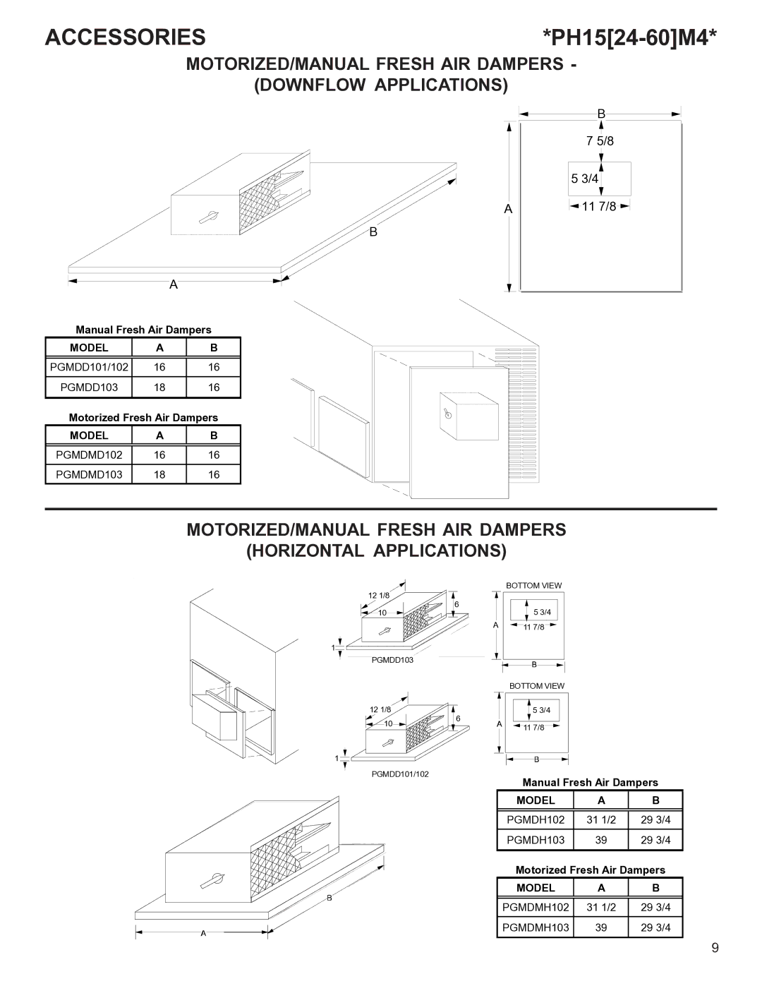 Goodman Mfg R-410A manual ACCESSORIES*PH1524-60M4, MOTORIZED/MANUAL Fresh AIR Dampers Downflow Applications 