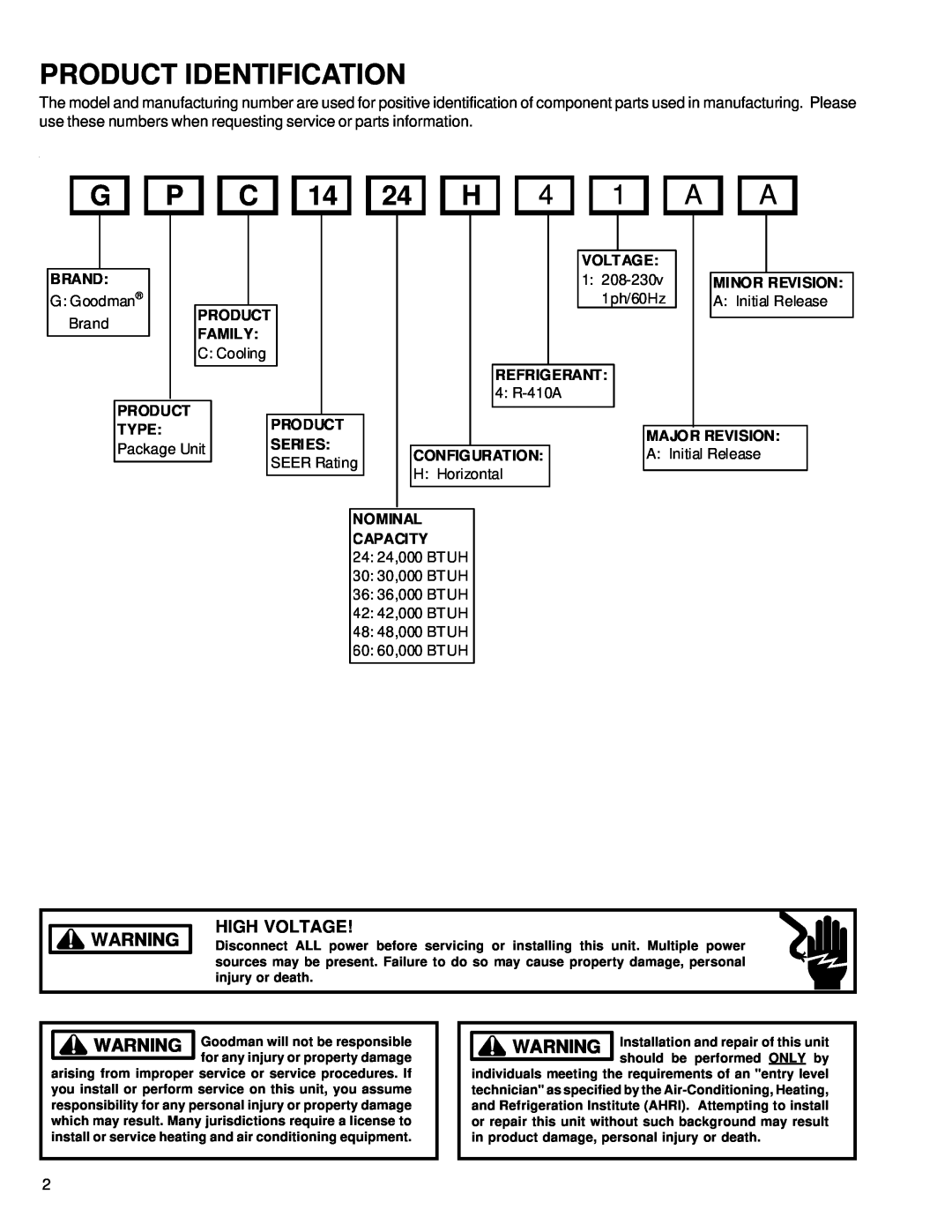 Goodman Mfg R-410A service manual Product Identification, High Voltage 