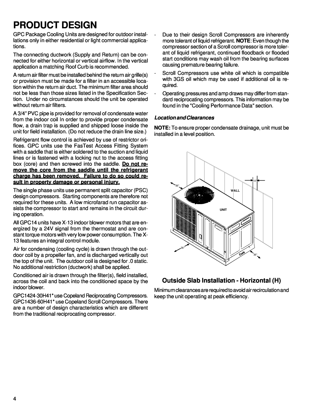 Goodman Mfg R-410A service manual Product Design, Outside Slab Installation - Horizontal H, Location and Clearances 