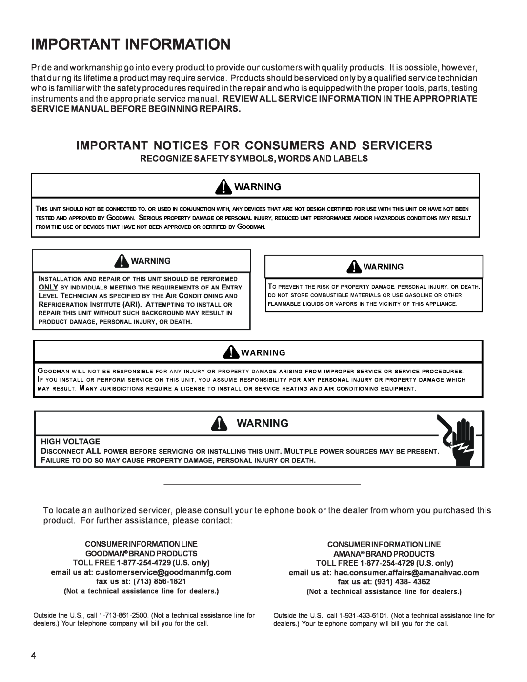 Goodman Mfg R-410A manual Important Information, Important Notices For Consumers And Servicers 
