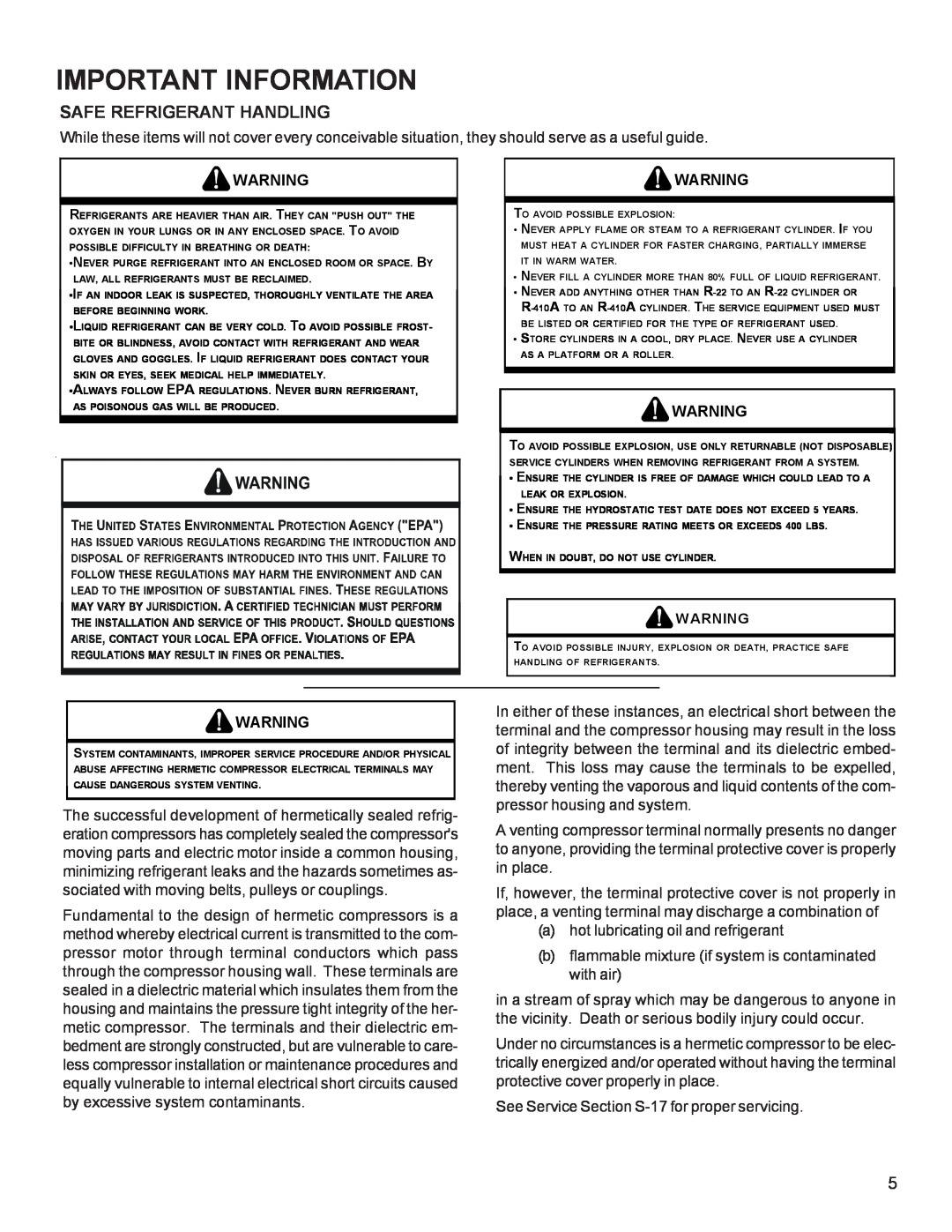 Goodman Mfg R-410A manual Safe Refrigerant Handling, Important Information 