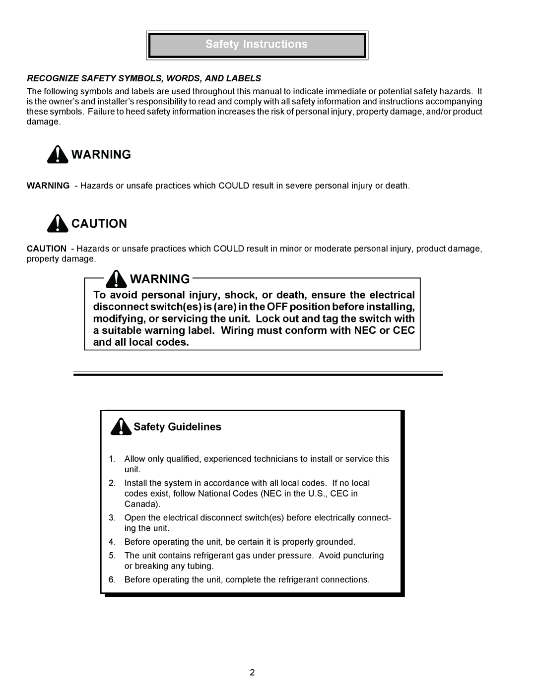 Goodman Mfg RHA**B*D installation instructions Safety Instructions, Recognize Safety SYMBOLS, WORDS, and Labels 