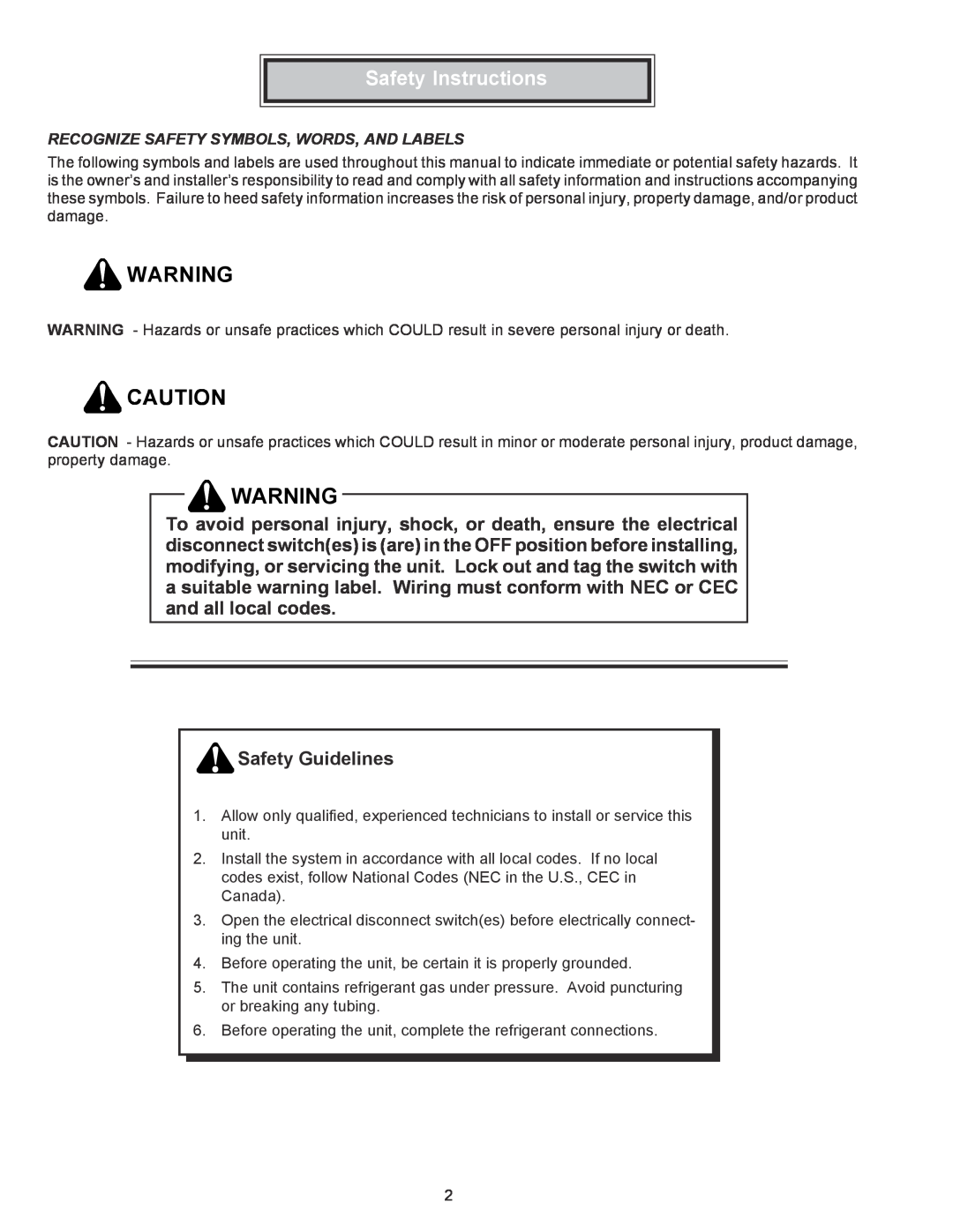 Goodman Mfg RHA**B*D Safety Instructions, Safety Guidelines, Recognize Safety Symbols, Words, And Labels 