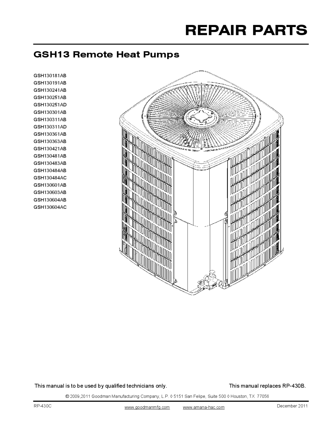 Goodman Mfg GSH13 Remote Heat Pump, RP-430C manual Repair Parts 