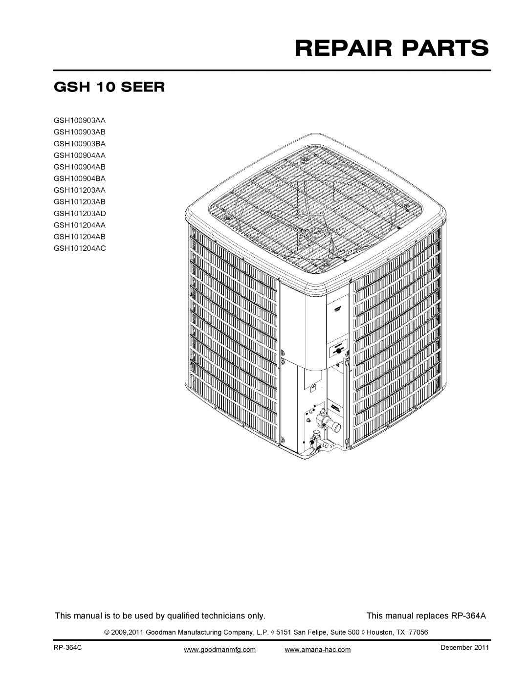 Goodman Mfg RP-430C, GSH13 Remote Heat Pump manual GSH 10 Seer 