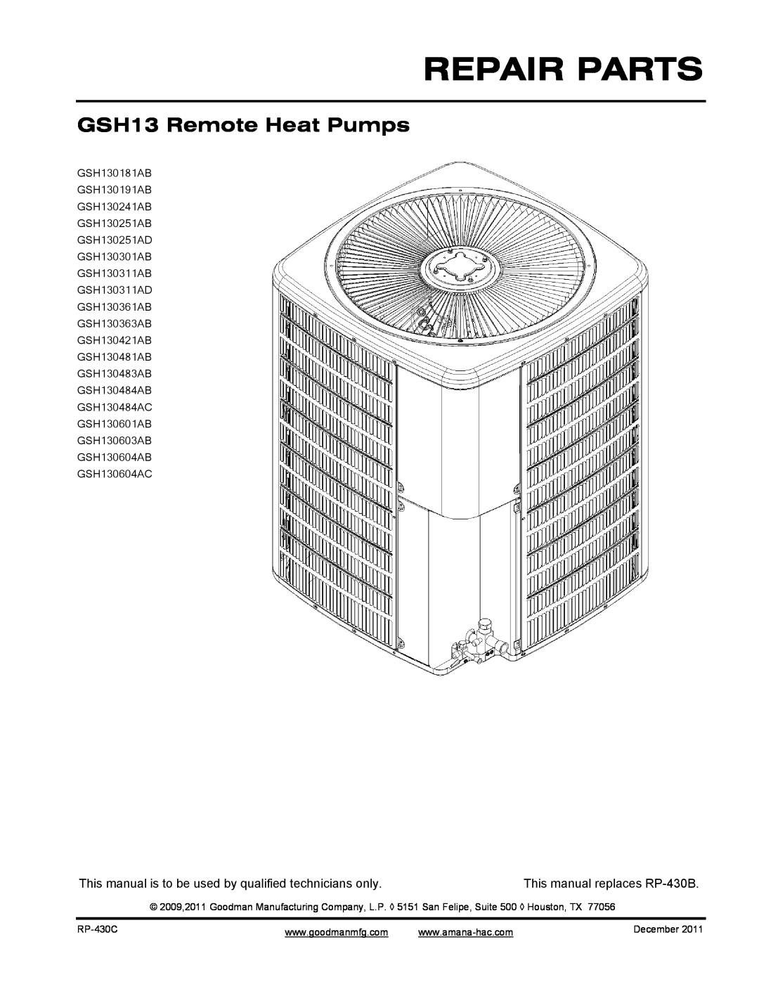 Goodman Mfg RP-430C manual Repair Parts, GSH13 Remote Heat Pumps 