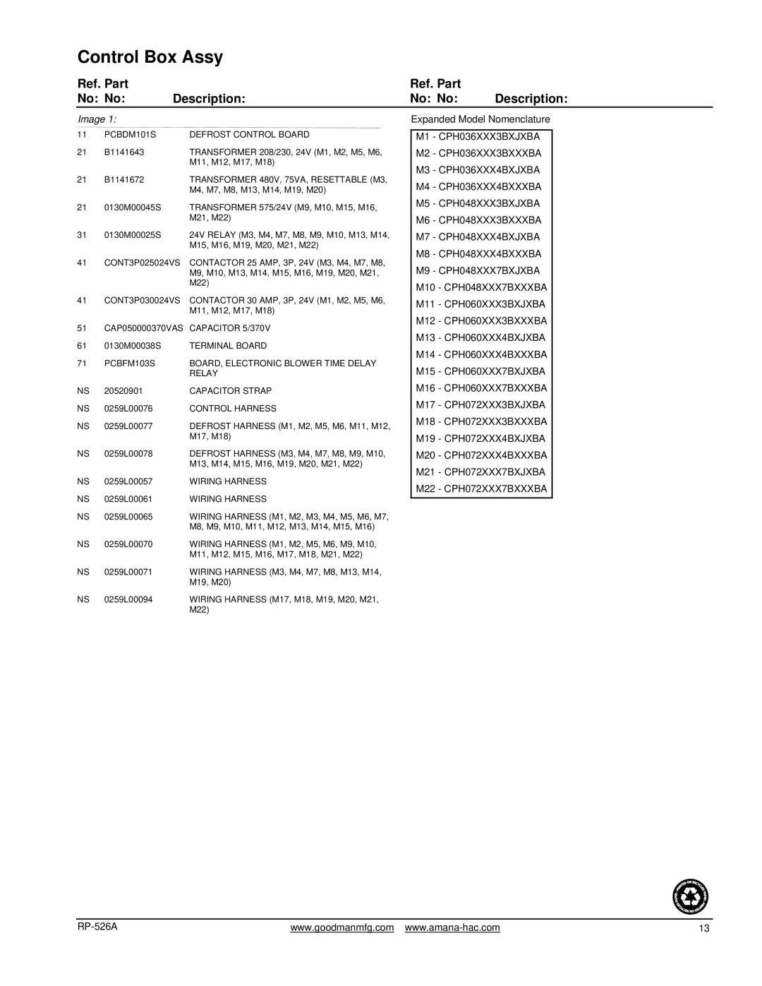 Goodman Mfg RP-526A manual Transformer 480V, 75VA, Resettable M3, Capacitor Strap, Control Harness, Wiring Harness 