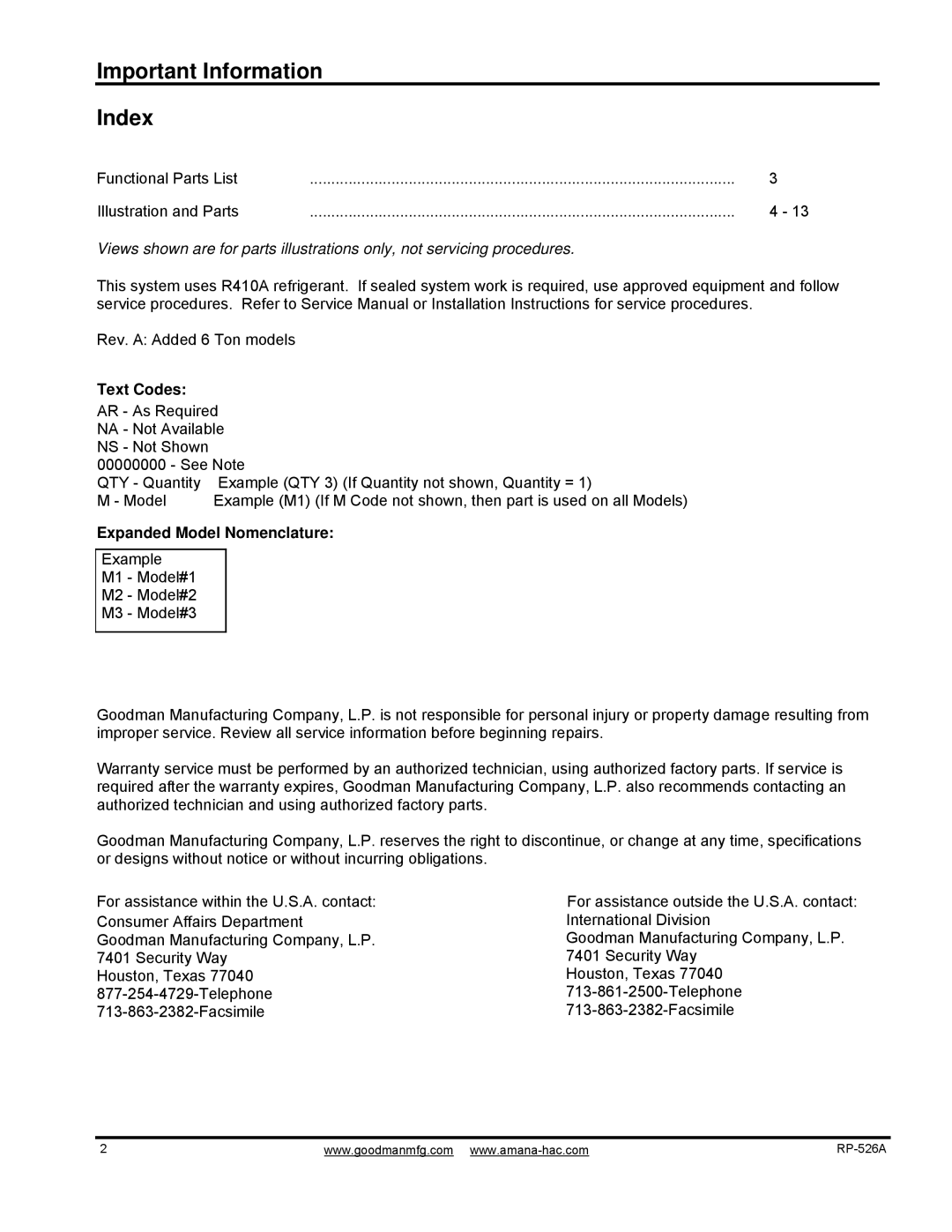 Goodman Mfg RP-526A manual Text Codes, Expanded Model Nomenclature, International Division 