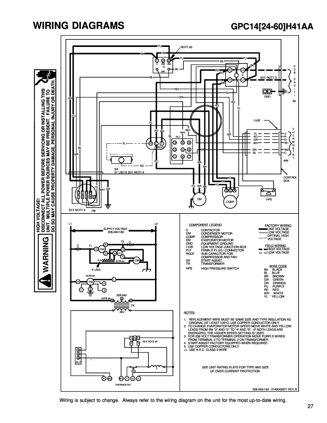 Goodman Mfg GPC 14 SEER R-410 Package Air Conditioners with R-410A, RS6300011 Wiring Diagrams, GPC1424-60H41AA 