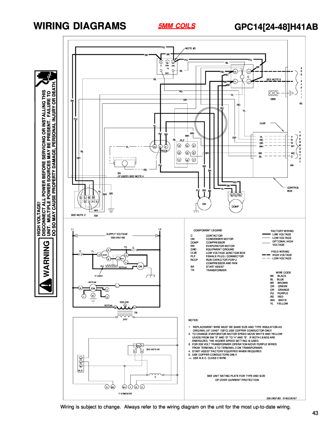 Goodman Mfg GPC 14 SEER R-410 Package Air Conditioners with R-410A, RS6300011 5MM COILS, Wiring Diagrams, GPC1424-48H41AB 