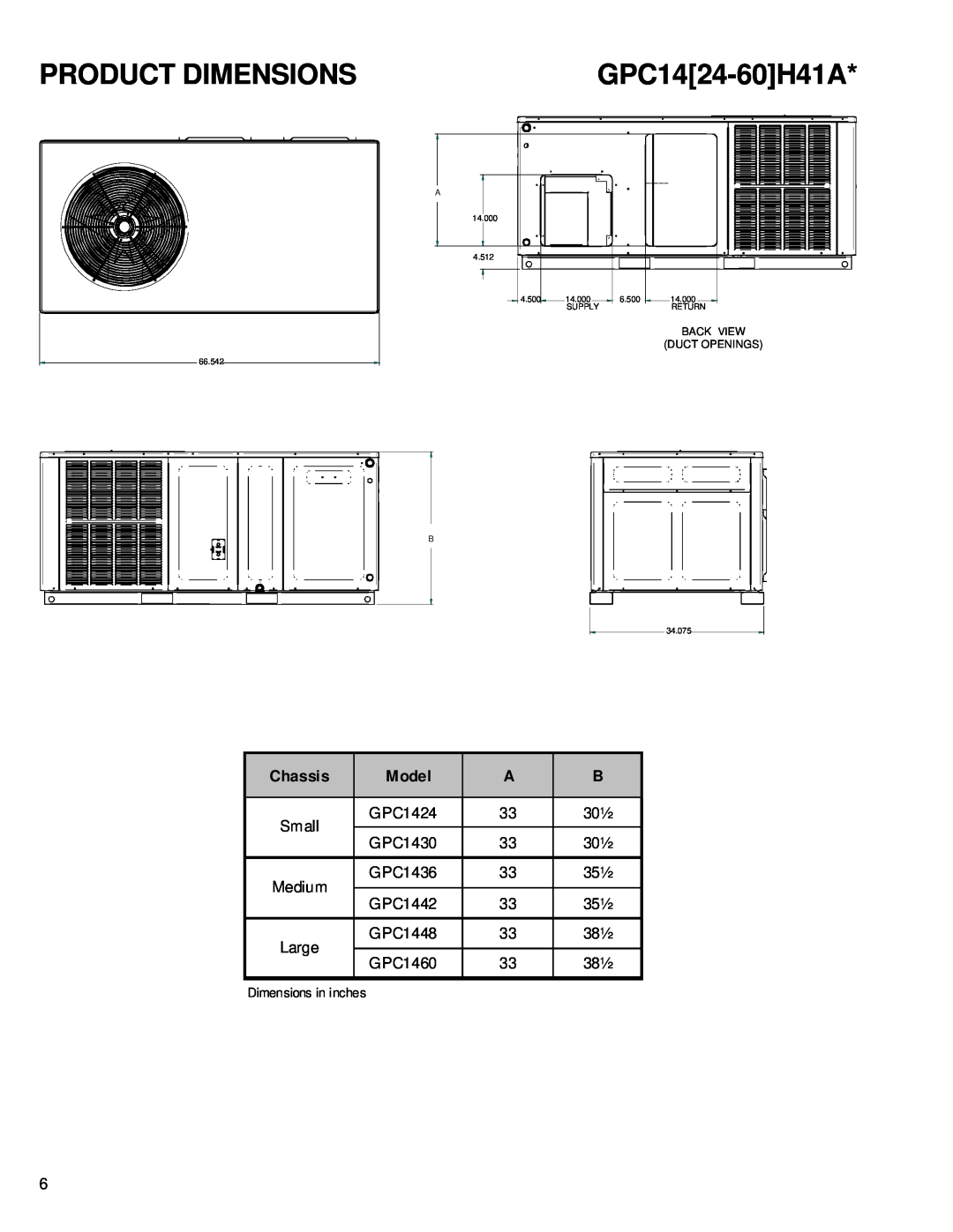 Goodman Mfg RS6300011 service manual Product Dimensions, GPC1424-60H41A, Chassis, Model 