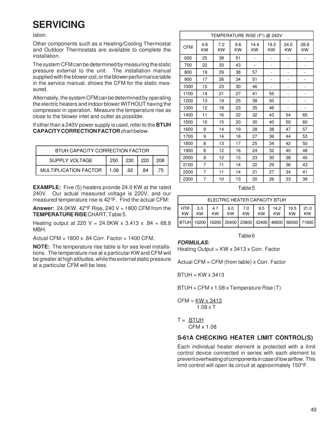 Goodman Mfg RT6100004R13 manual 61A Checking Heater Limit Controls, Temperature Rise F @ CFM 