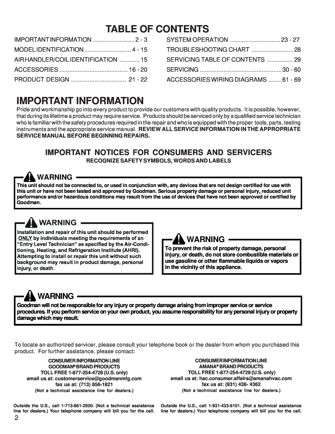 Goodman Mfg RT6100004R13 manual Table Of Contents, Important Information, Important Notices For Consumers And Servicers 