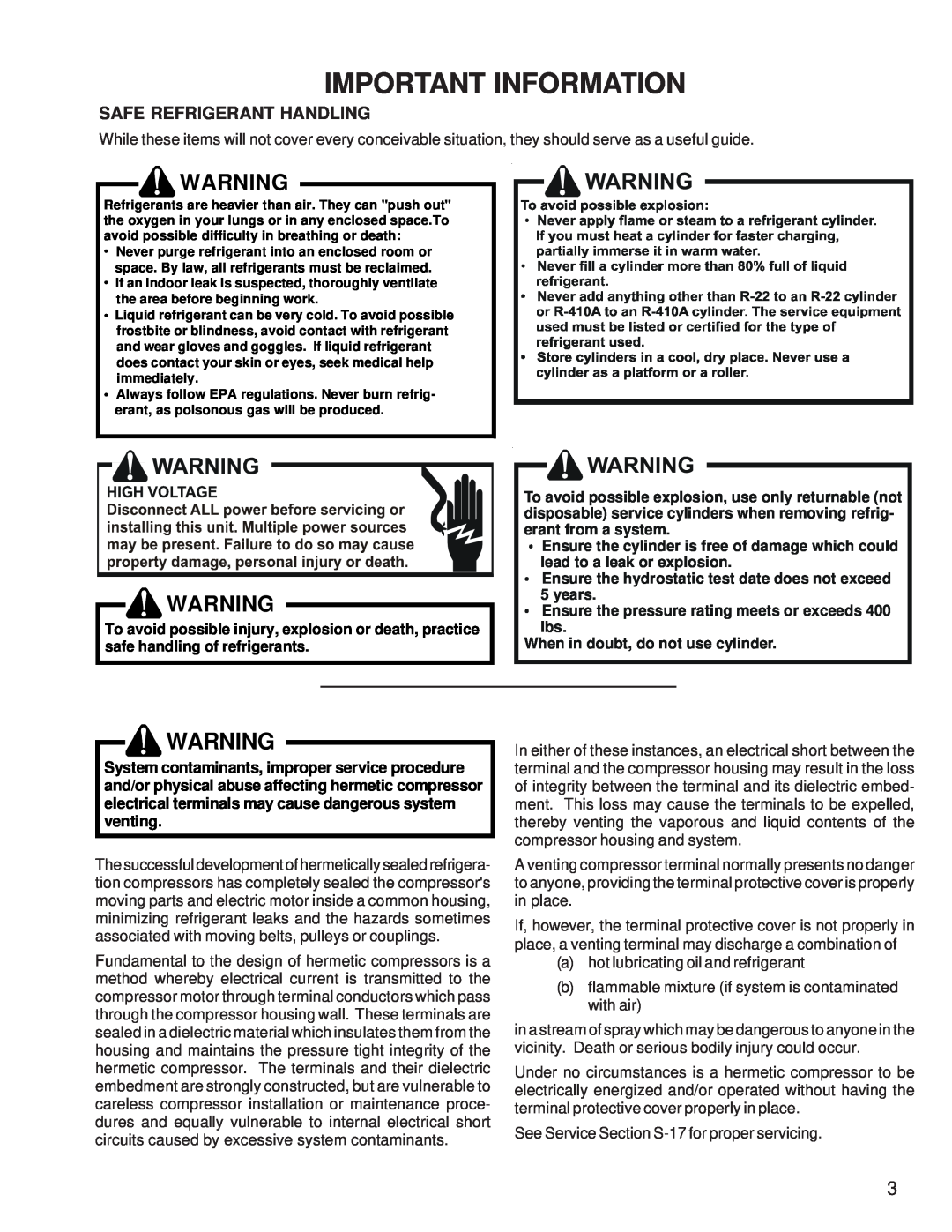 Goodman Mfg RT6100004R13 manual Safe Refrigerant Handling, Important Information 