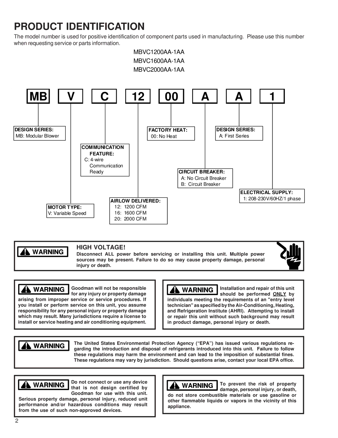 Goodman Mfg RT6223003 service manual Product Identification, MBVC1200AA-1AA MBVC1600AA-1AA MBVC2000AA-1AA 