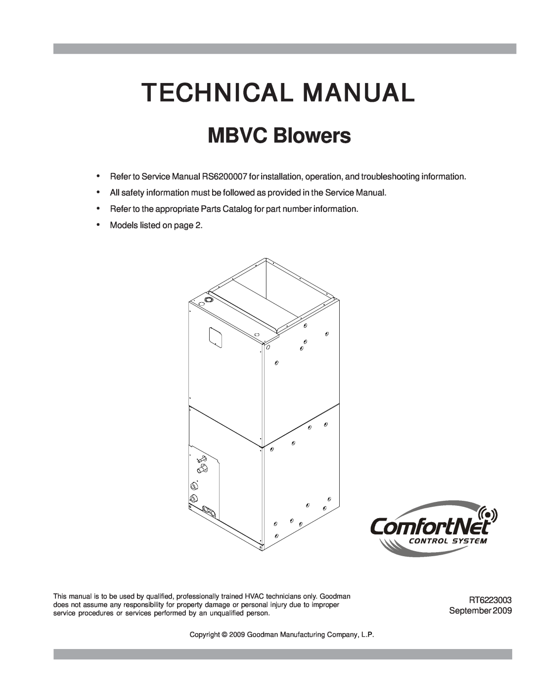 Goodman Mfg RT6223003 service manual Technical Manual, MBVC Blowers 