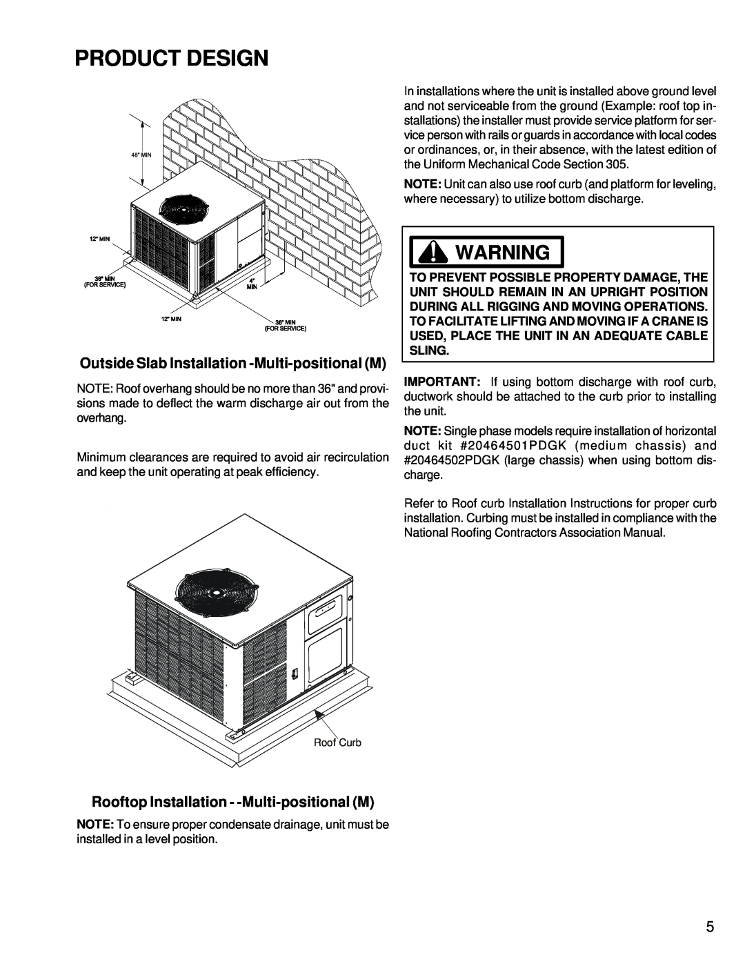Goodman Mfg RT6332013r1 service manual Product Design, Outside Slab Installation -Multi-positionalM, Roof Curb 
