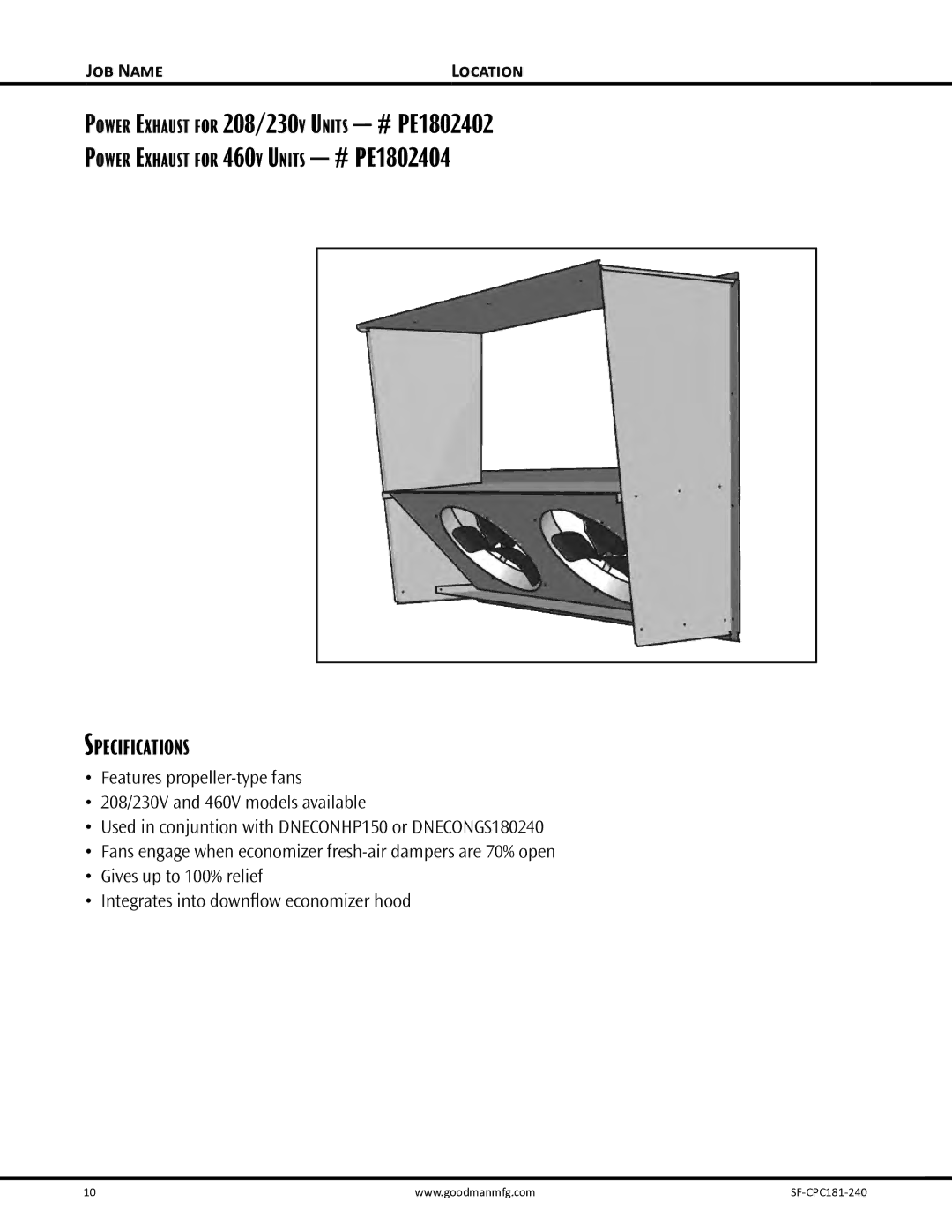 Goodman Mfg SF-CPC181-240 dimensions Power Exhaust for 208/230v Units # PE1802402 