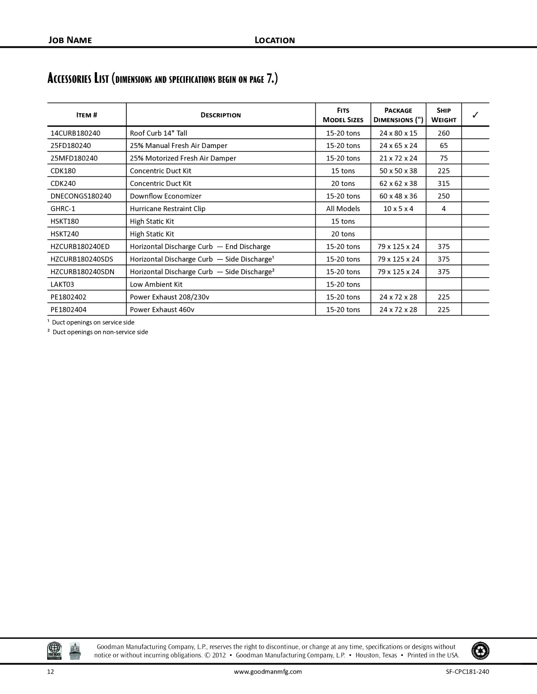 Goodman Mfg SF-CPC181-240 Accessories List dimensions and specifications begin on 