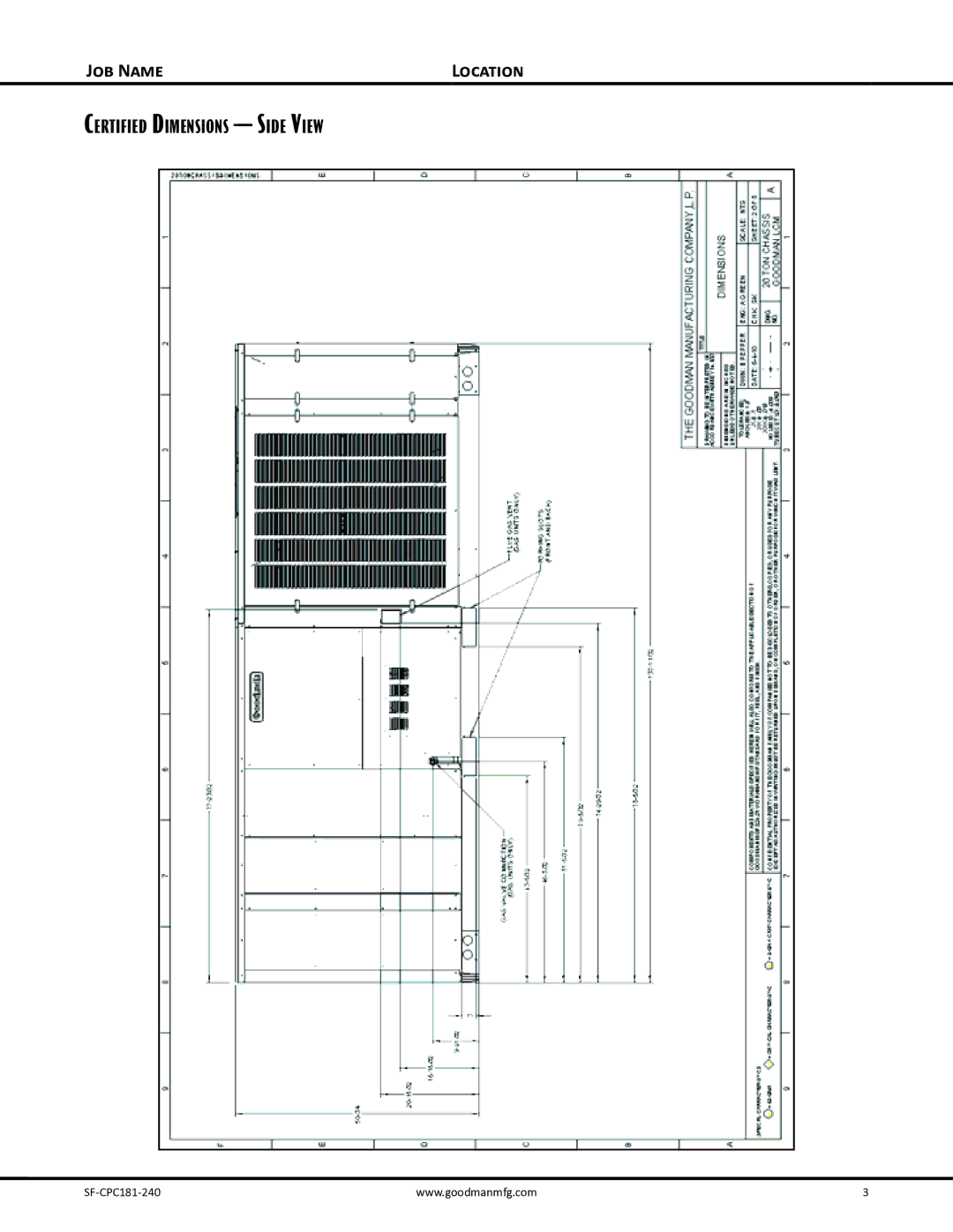 Goodman Mfg Self-Contained Packaged Air Conditioner with R-410A, SF-CPC181-240 dimensions Certified Dimensions Side View 