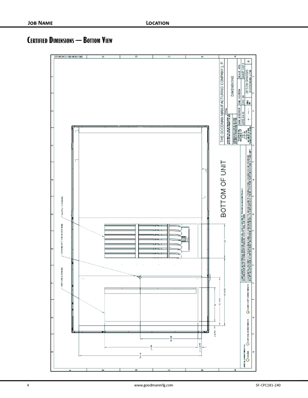 Goodman Mfg SF-CPC181-240, Self-Contained Packaged Air Conditioner with R-410A dimensions Certified Dimensions Bottom View 