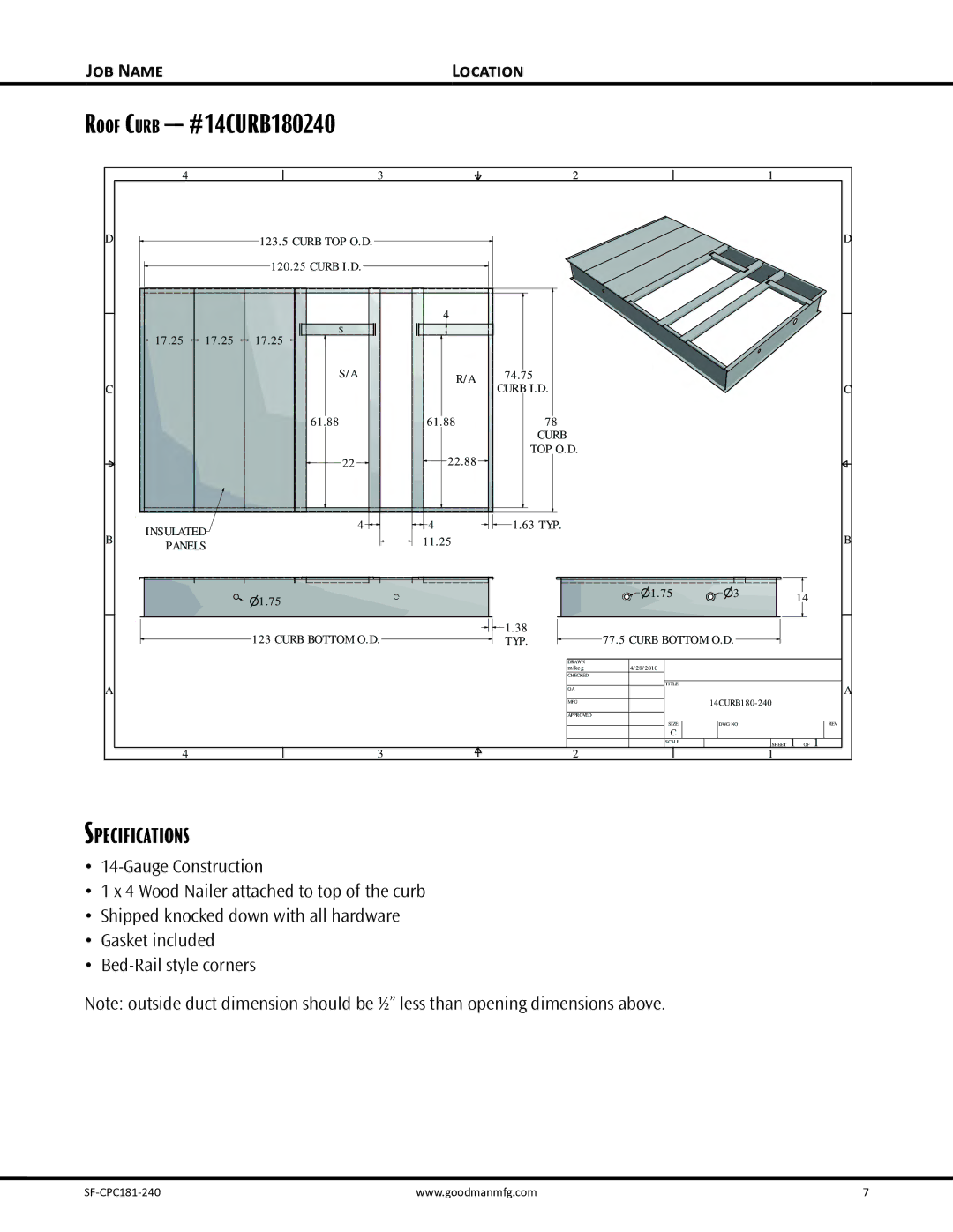 Goodman Mfg Self-Contained Packaged Air Conditioner with R-410A, SF-CPC181-240 dimensions Roof Curb #14CURB180240 