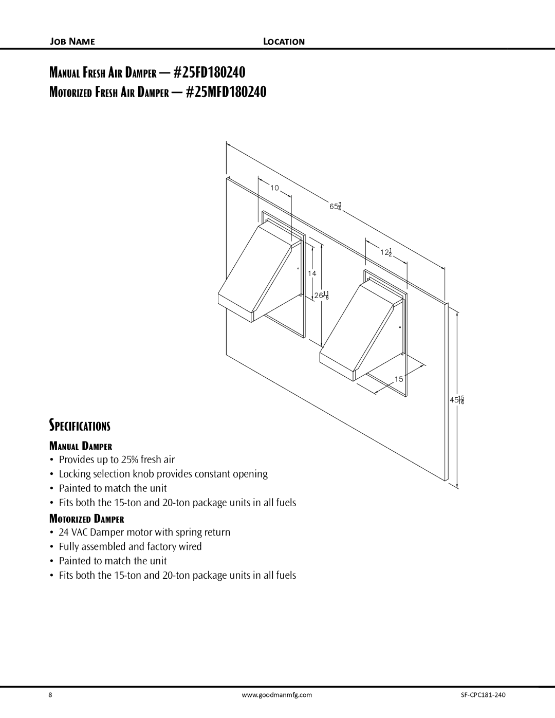 Goodman Mfg SF-CPC181-240, Self-Contained Packaged Air Conditioner with R-410A dimensions Manual Damper 